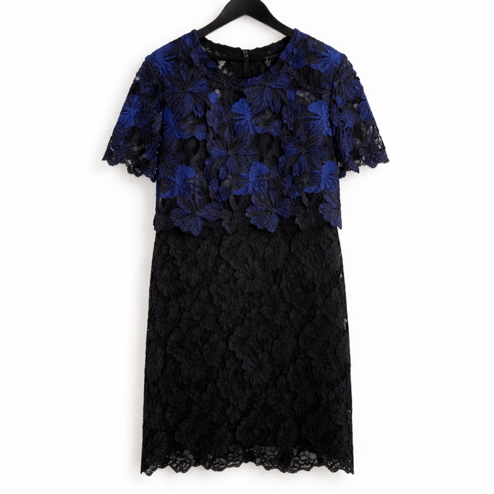 Trina Turk Black and Blue Floral Lace Sheath Dress Size 10